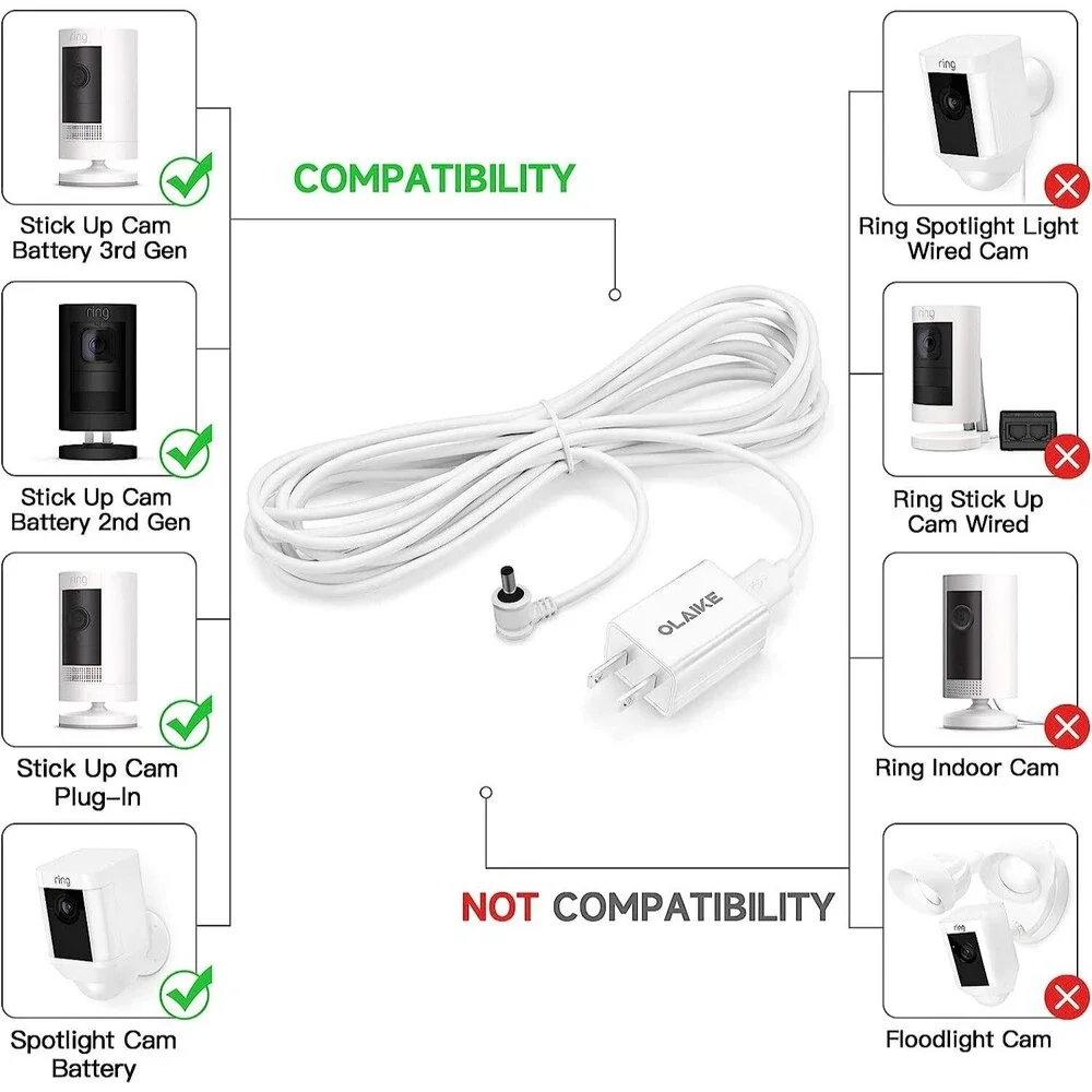 OLAIKE 5m/16ft Charge Cable with DC Power Adapter Compatible with Stick Up Cam &